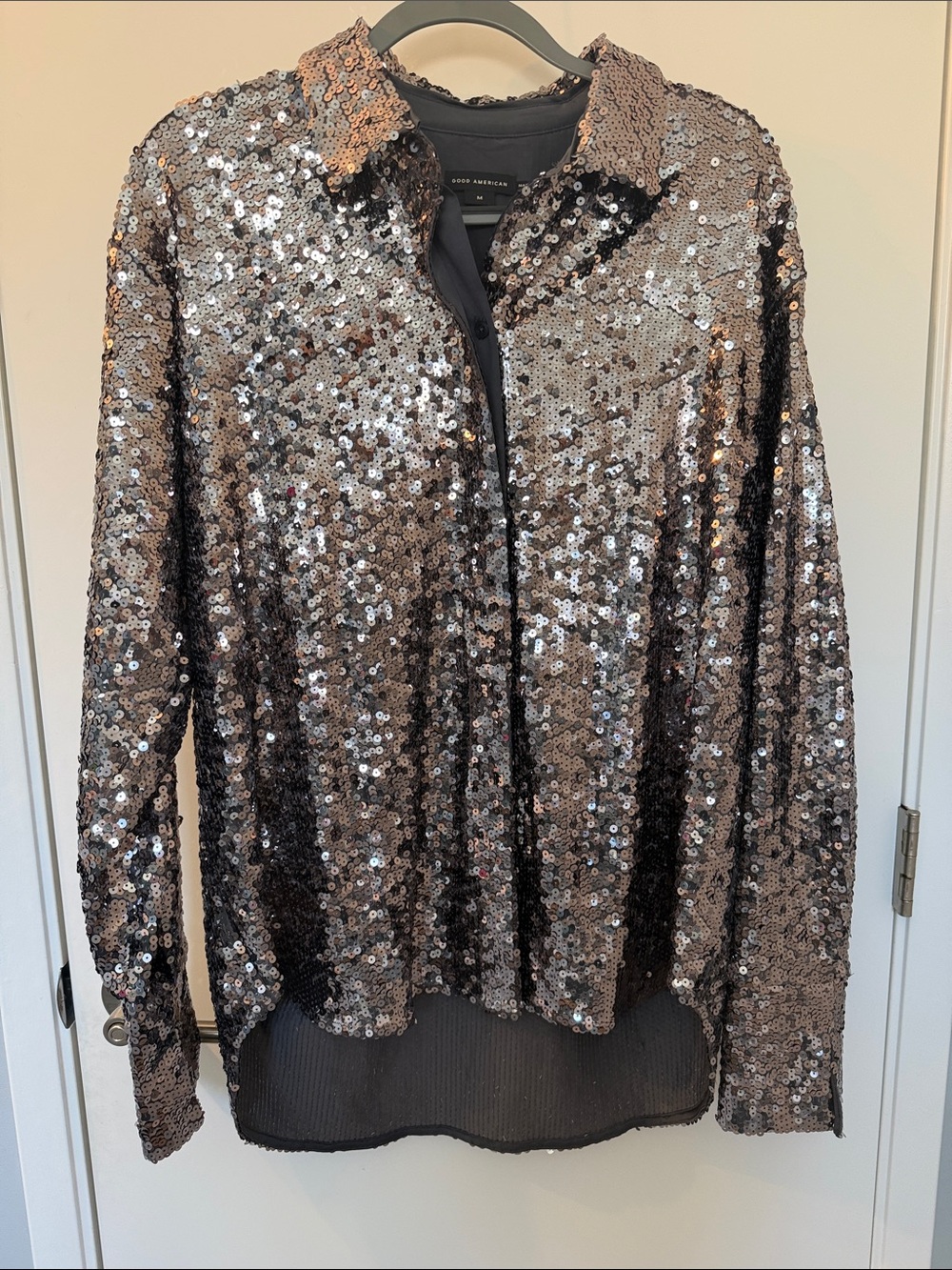 Good American Sz M Metallic Rose Sequin Button-Down Shirt
